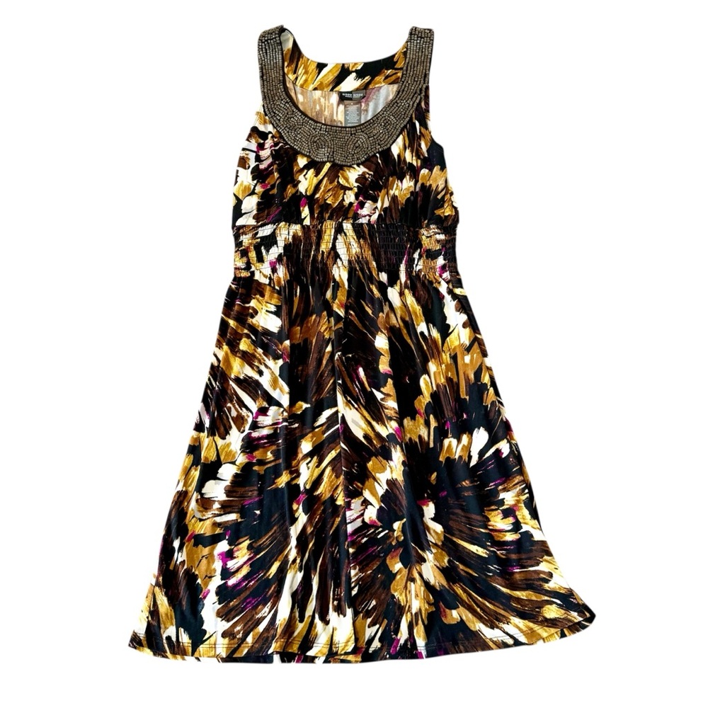 Bisou Bisou Dress Womens 4 Sleeveless Beaded Empire‎ Waist Brown Multicolor Boho